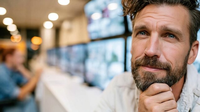 This image captures a thoughtful man with a strong beard, pondering intensely while surrounded by screens in a modern workspace designed for productivity and innovation.