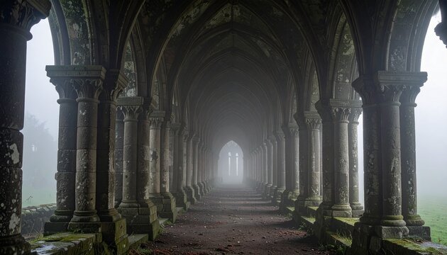 Misty gothic cathedral interior with stone pillars and arches.