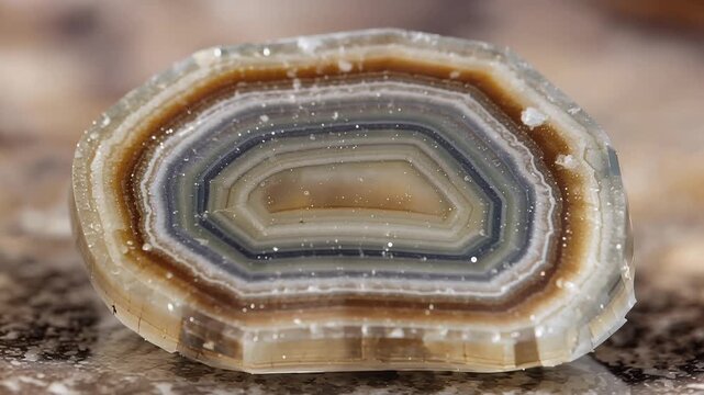 Detailed cross-section of natural agate geological sample with concentric bands of earthy colors and crystalline structures, slow zoom out, symbolizing geology, nature