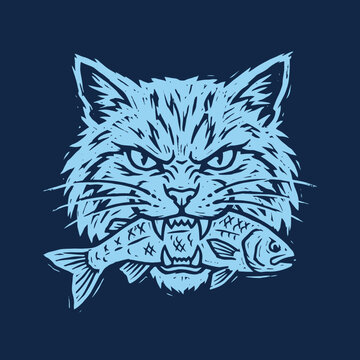 Detailed cat head illustration holding a fish in mouth.
