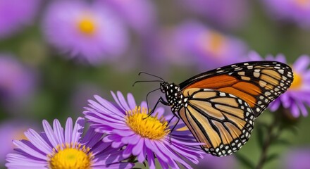 Obraz premium Beautiful Monarch Butterfly Feeding on Vibrant Purple Aster Flowers in a Sunny Summer Garden