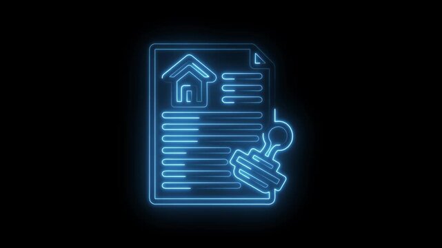 Glowing blue neon outline of a house deed document with a rubber stamp symbolizing approval icon