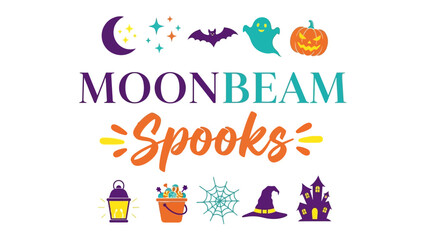 Fototapeta premium Moonbeam Spooks Halloween Graphic: A whimsical collection of Halloween-themed icons and playful text evokes a festive and spooky atmosphere, perfect for seasonal decorations and invitations.