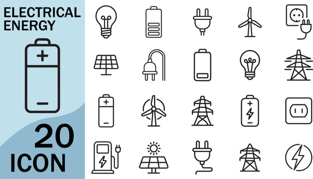 Electrical energy icons battery solar wind and power plug icon