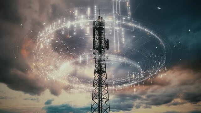 Telecommunication tower emitting digital wireless signals with futuristic data network visualization and 5G connectivity
