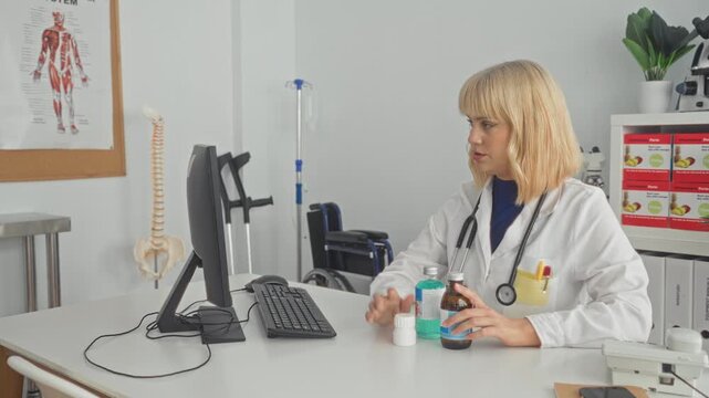 Woman doctor holding medicine bottle, hands twisting cap and reading label at clinic building desk; calm care.