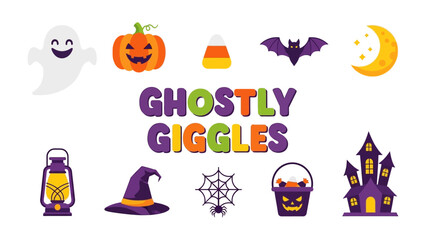 Fototapeta premium Halloween Giggles: A charming collection of playful Halloween icons, including a grinning ghost, jack-o'-lantern, candy corn, bat, crescent moon, lantern, witch's hat, spiderweb, candy bucket.