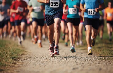 Naklejka premium Running marathon race athletes on dirt path training for fitness outdoors competition
