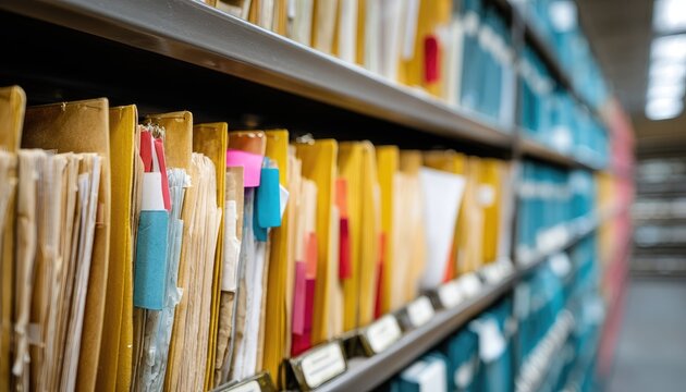 Rows of old files and folders neatly organized on a shelf, waiting for retrieval