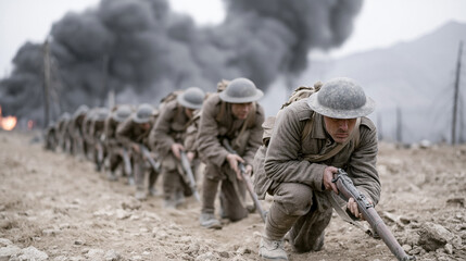 Fototapeta premium Soldiers Advancing in Battle: A line of soldiers in uniform, wearing helmets and carrying rifles, advance cautiously through a barren landscape under a sky filled with smoke and flames.