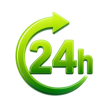 Green 24 hour clock symbol with circular arrow on black background daily service