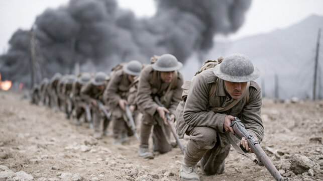 Soldiers Advancing in Battle: A line of soldiers in uniform, wearing helmets and carrying rifles, advance cautiously through a barren landscape under a sky filled with smoke and flames.