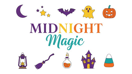 Fototapeta premium Halloween Magic at Midnight: A whimsical collection of Halloween icons, including a crescent moon, stars, bat, ghost, pumpkin, lantern, broomstick, potion bottle, haunted house, and candy corn.