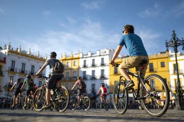 Obraz premium Cycling tourists on bicycles in historic city plaza enjoying outdoor group travel