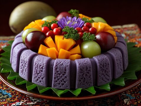 A round, purple steamed cake topped with fresh mango slices, grapes, and berries, garnished with edible flowers and herbs on a banana leaf. Festive traditional dessert presentation.