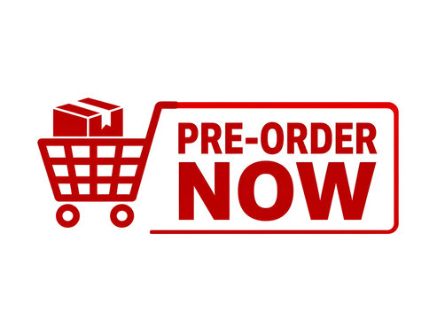 Pre-order now shopping cart icon with box on black background for online store