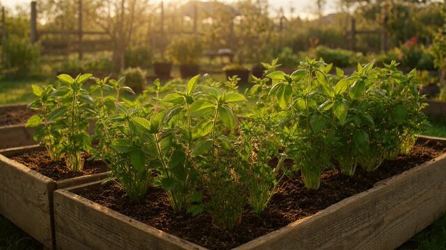 Raised garden bed with green plants.