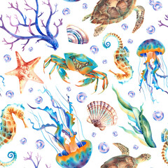 Fototapeta premium Seamless marine pattern on a white background. Watercolor illustration of marine animals: crab, turtle, seahorse, shells, starfish, seaweed, jellyfish, coral, hand-painted bubbles. Tropical printing
