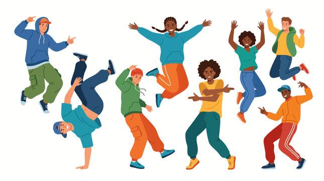 Group of Diverse Urban Dancers Performing Hip Hop Breakdance and Street Dance Moves Vector Illustration