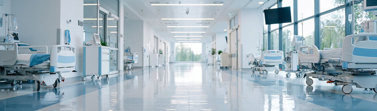 Modern Hospital Corridor: A bright and clean hospital corridor stretches into the distance, lined with advanced medical equipment and patient beds, reflecting a state-of-the-art healthcare facility.