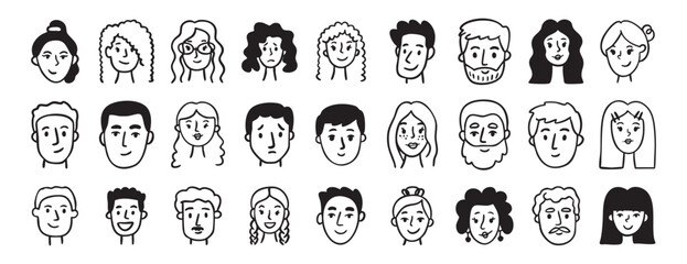 Fototapeta premium Characters faces avatars set collection doodle hand drawn icon. Outline drawing people head line clipart symbol.
