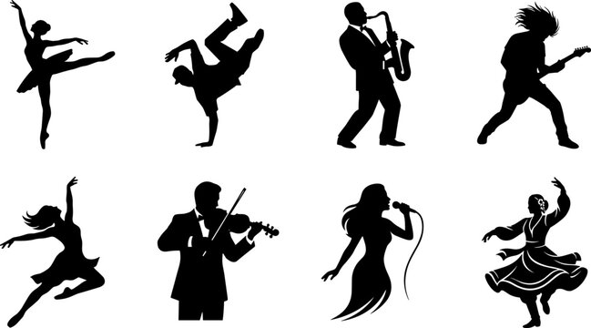 Performing arts silhouettes set featuring dancers and musicians playing instruments like guitar violin and saxophone