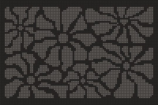 Geometric cross stitch floral pattern isolated on black canvas background. Vector realistic illustration, white ethnic embroidery motifs with abstract flowers, folk art texture pattern