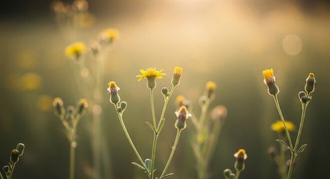 Beautiful Yellow Wildflowers in a Meadow at Sunset with Soft Golden Bokeh Background
