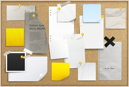 Realistic paper memo notes pinned to cork board. Vector illustration of torn and crumpled sheets, colorful sticky note pages and newspaper, office or school planner design, blank scrapbook stickers