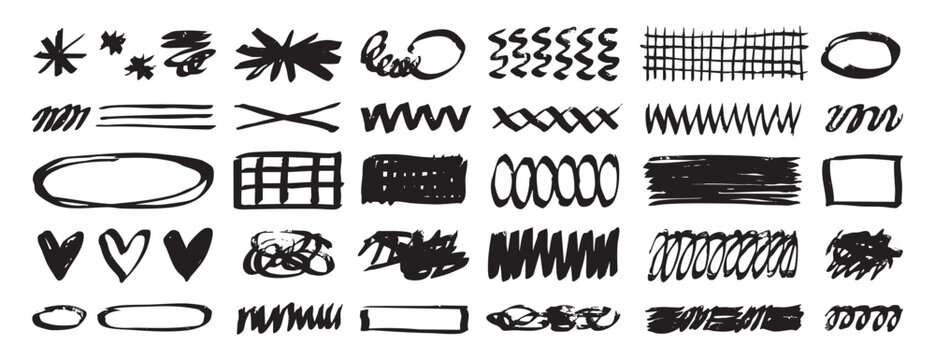 Scribble shapes marker brush texture set collection doodle hand drawn icon. Outline drawing template line clipart symbol