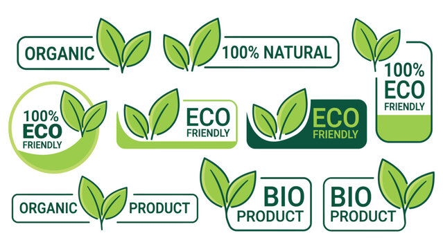 Eco Friendly Icons with Organic Food Labels Natural Product Stamps Sustainability Badges and Environmental Certification Symbols