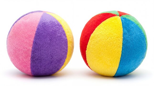 Two colorful soft plush toy balls with vibrant fuzzy textures isolated on white background