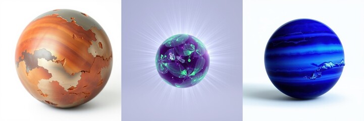 Fototapeta premium Planets displayed. Orange, purple, blue spheres represent celestial bodies. Bright light emanates from central planet.