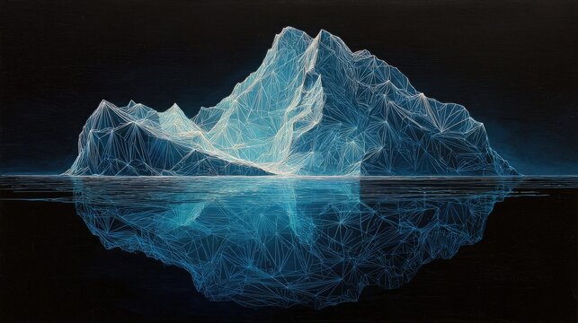 Luminous, geometric iceberg with digital glow reflected in dark water