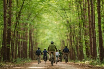 Obraz premium Bicycling with friends on a forest path for cycling adventure in nature