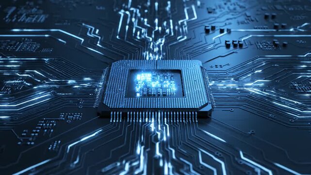High tech computer processor with glowing blue circuits.