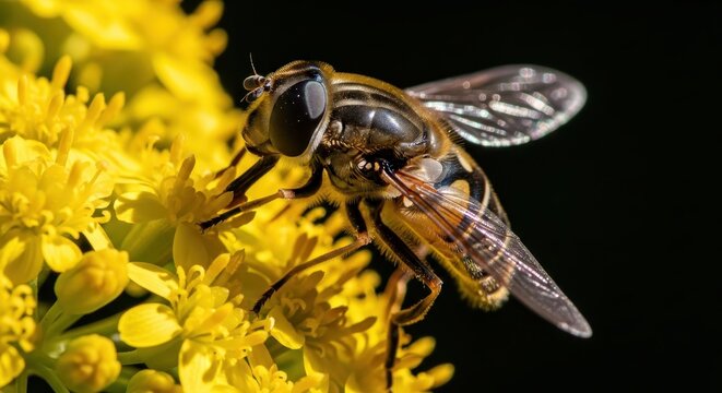 Macro Photography of a Hoverfly Pollinating Vibrant Yellow Flowers Against a Dark Background