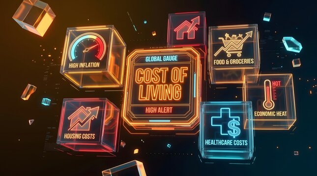 Cost of living high alert global gauge with icons inflation housing food healthcare.