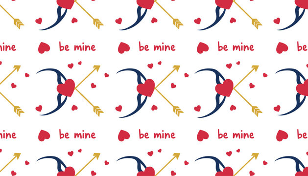 Romantic seamless pattern features repeating elements of cupid bows with hearts and be mine handwritten text.