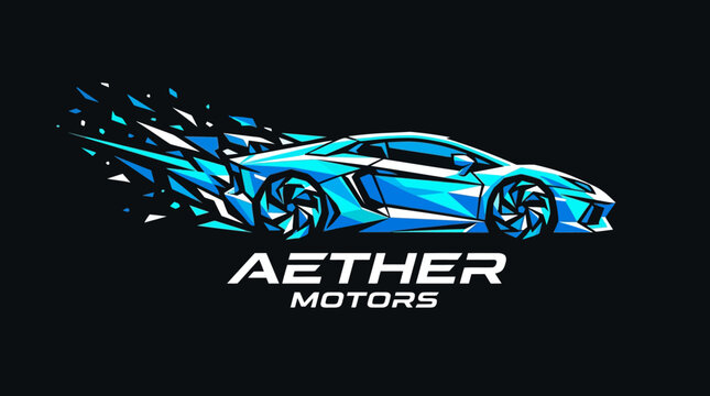 Aether Motors Logo - Futuristic Blue Sports Car with Abstract Motion Effect.