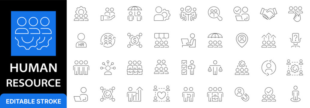 Human resource and recruitment line icon set. Business management, headhunting, corporate teamwork and talent search outline symbols. Editable stroke.