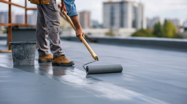 Construction worker applying waterproof grey coating on a flat roof with a roller.