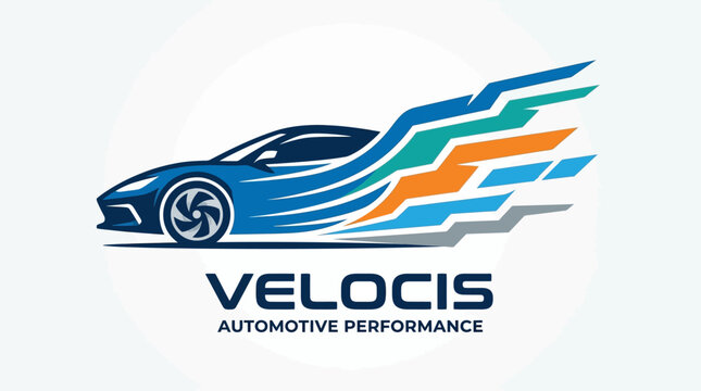 Dynamic automotive performance logo with a sleek blue sports car and colorful speed streaks.