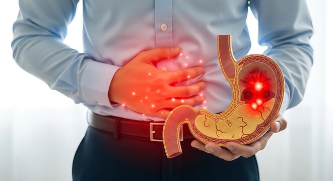 Stomach ache and digestive pain concept, man holding belly with glowing red inflammation, gastric ulcer and acid reflux medical illustration