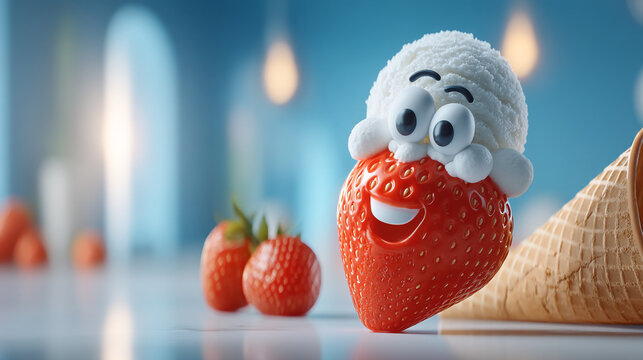 Whimsical strawberry character topped with vanilla ice cream scoop strawberry character