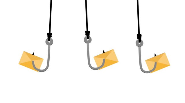 Three fishing hooks with yellow mail envelopes swinging on a white background, representing a cyber security phishing concept.