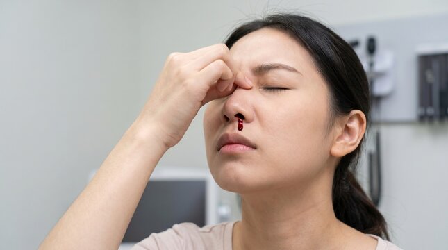 Asian woman suffering from a nosebleed while sitting in a modern hospital room interior with medical equipment in background