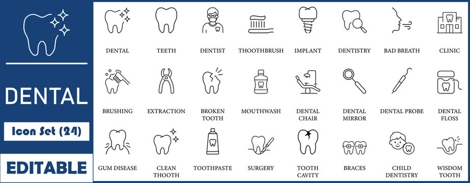 Dental icon set. Containing tooth, dentist, toothpaste, toothbrush, teeth, implant and dentistry icons. Line icon collection. Vector illustration.