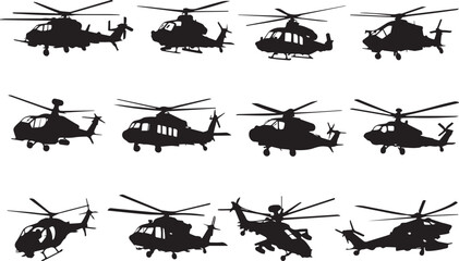 Military helicopter silhouettes set, 12 black aircraft vector icons, attack and transport chopper collection for aviation design and tactical infographics © Adnan
