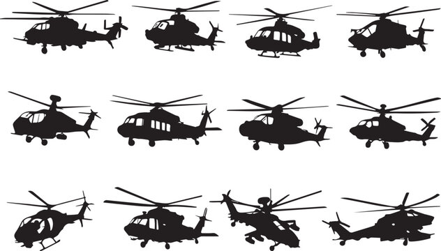 Military helicopter silhouettes set, 12 black aircraft vector icons, attack and transport chopper collection for aviation design and tactical infographics